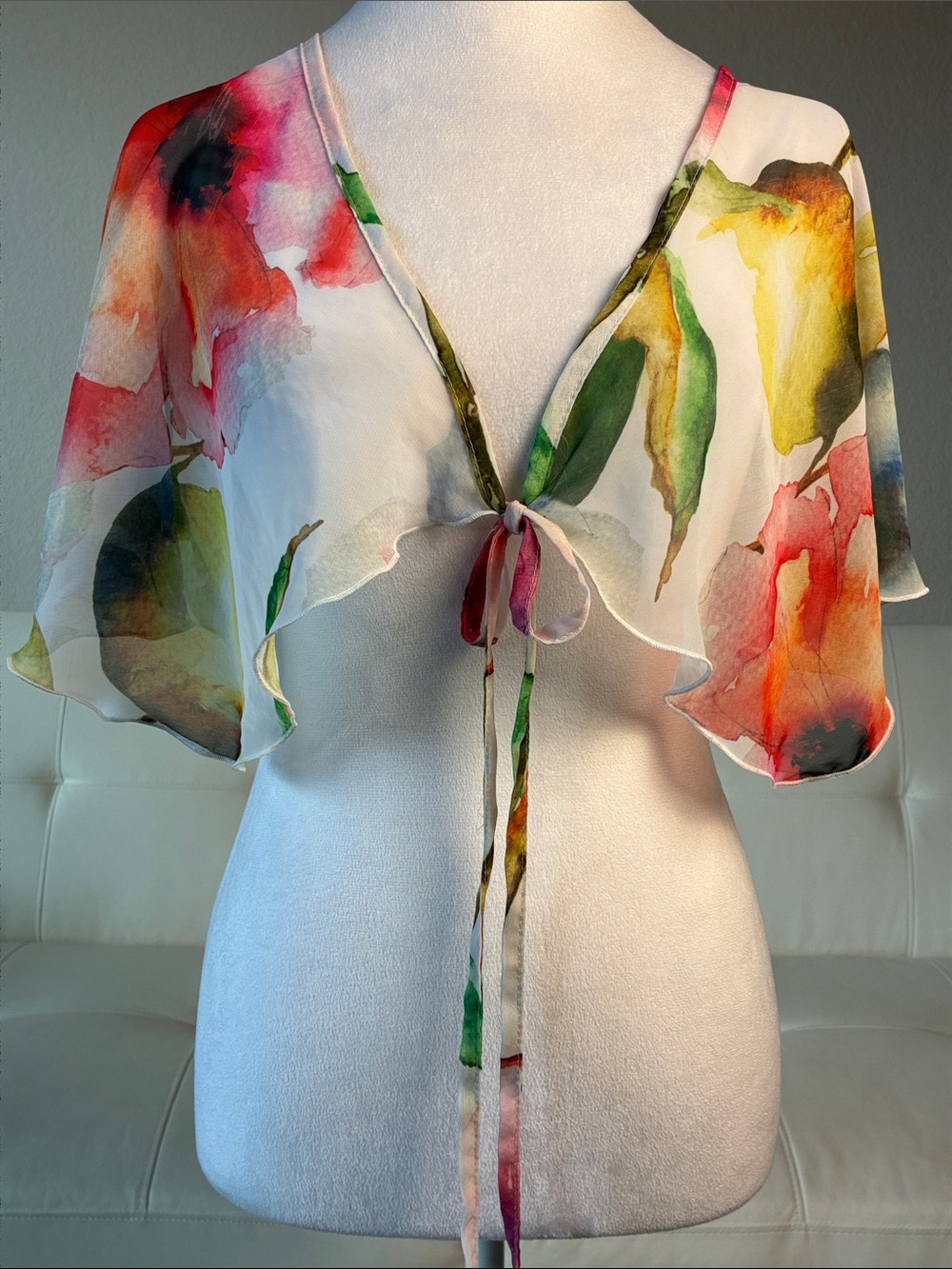 Capezio Floral Sheer Capelet Shrug - White with Red & Green Watercolor Print